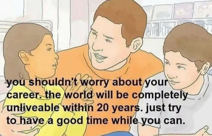 Three people talking with text overlay about the future and career, related to philosophy memes.