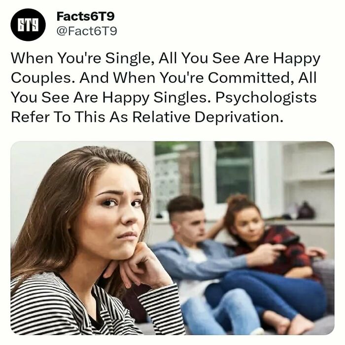 Woman looking thoughtful while a couple sits behind her, illustrating relative deprivation concept.