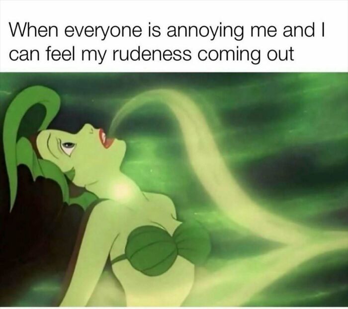 Cartoon character with green aura and humorous caption, illustrating a relatable meme moment.
