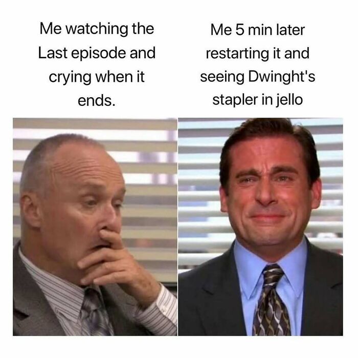 Two 'The Office' characters reacting emotionally, depicting a relatable meme about the show's episodes and humor.
