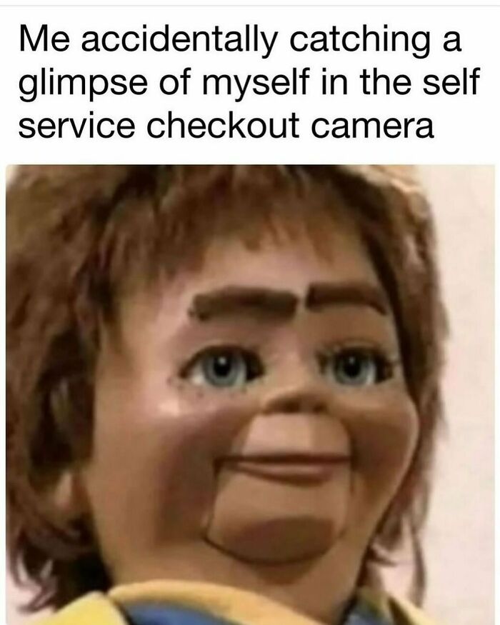 Funny meme of a puppet making a surprised face, captioned about seeing oneself in a checkout camera.