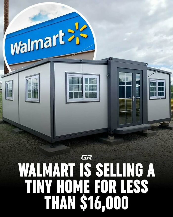 Walmart tiny home displayed outdoors under cloudy skies, featuring a modern design.