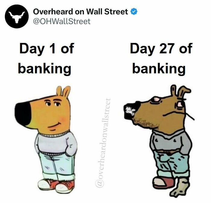 Illustration of "Overheard on Wall Street" shows a cartoon dog's transformation from day 1 to day 27 of banking.