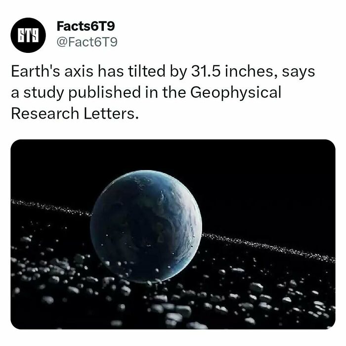 Image of Earth in space with text about a 31.5-inch axis tilt, highlighting recent research findings.