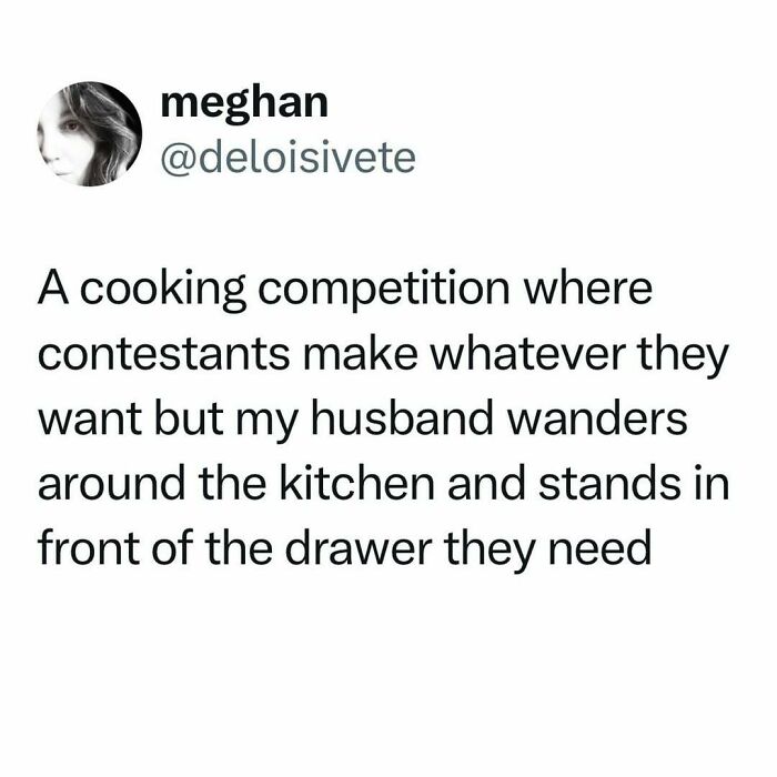 Funny tweet about a cooking competition where the husband obstructs drawers needed by contestants.