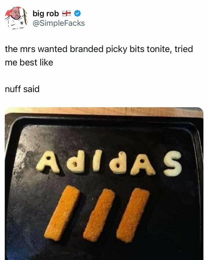 Fish fingers and potato letters arranged to spell "adidas" on a baking tray, highlighting British humor.