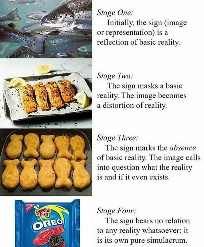 Stages of simulated reality with images of fish, salmon, fish-shaped nuggets, and Swedish Fish Oreos. Philosophy meme humor.