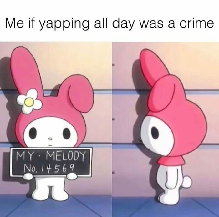 Cute character My Melody in a mugshot, holding a sign, creating a relatable meme moment.