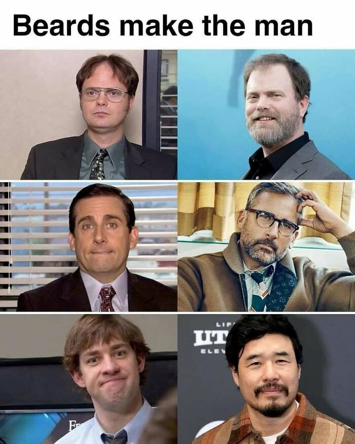 "The Office" characters in a collage comparing bearded vs clean-shaven looks for a humorous meme.