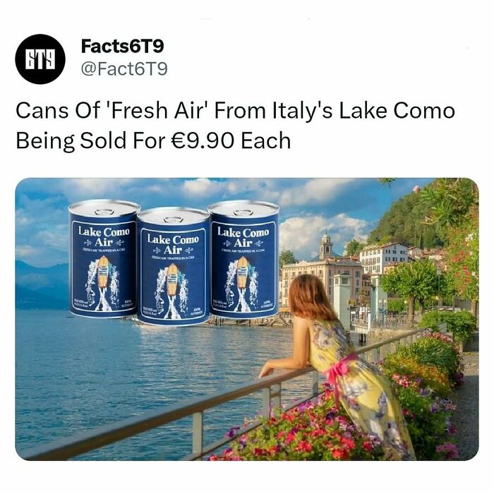 Cans of Lake Como air in Italy, marketed creatively against scenic lake backdrop.