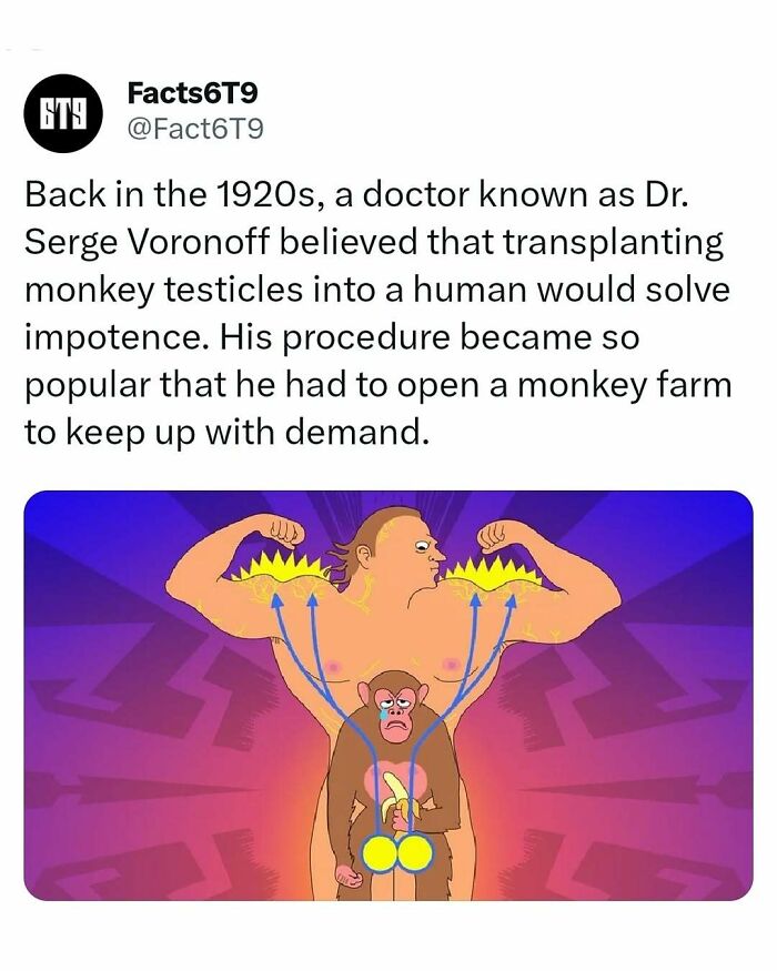 Illustration of a man and monkey by artist, connected with arrows, highlighting a 1920s medical belief about transplantation.