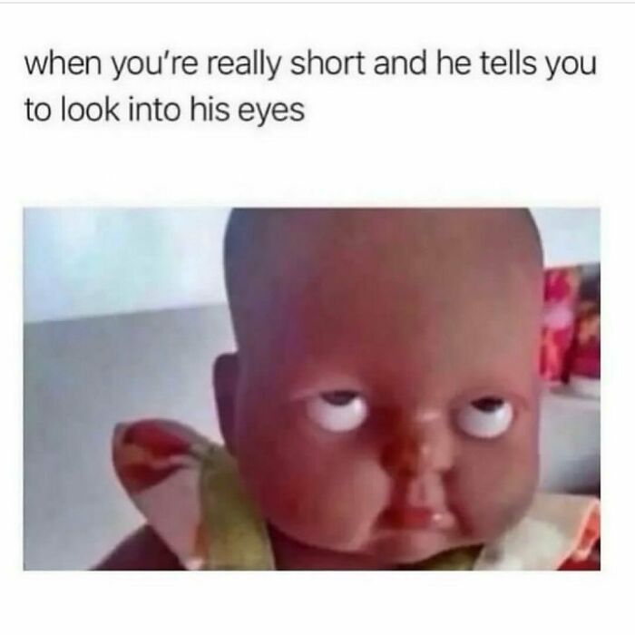 Short person meme with a doll rolling eyes up, humorously illustrating the struggle to meet eye level.