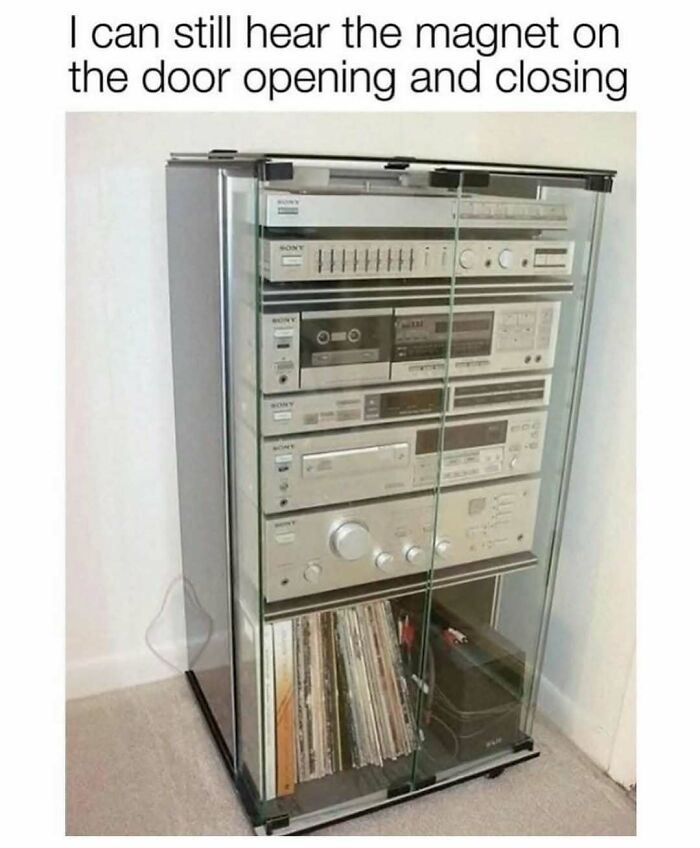 Vintage stereo system with glass door evokes nostalgia, humor from Millennial Misery memes.