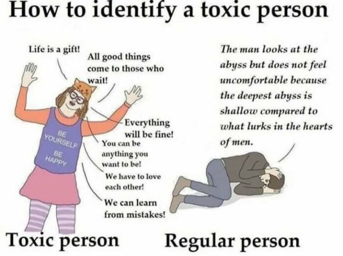 Funny philosophy meme featuring contrasting "toxic" vs "regular" person archetypes in a humorous illustration.