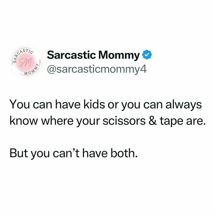 Tweet by Sarcastic Mommy humorously describing parenting challenges with scissors and tape.