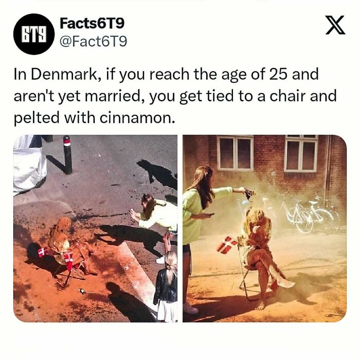 Person tied to a chair being covered in cinnamon in Denmark tradition; humorous cultural fact.