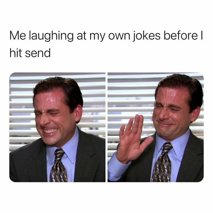 Actor in 'The Office' meme laughing, wearing suit, with text about joke humor before sending a message.
