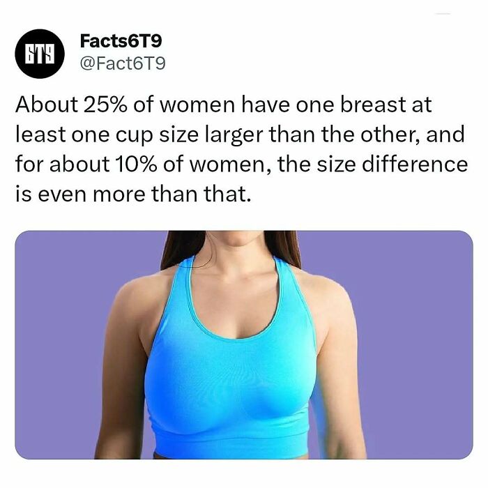 Woman in a blue sports bra, highlighting asymmetry, with a fact overlay about women's breast size differences.