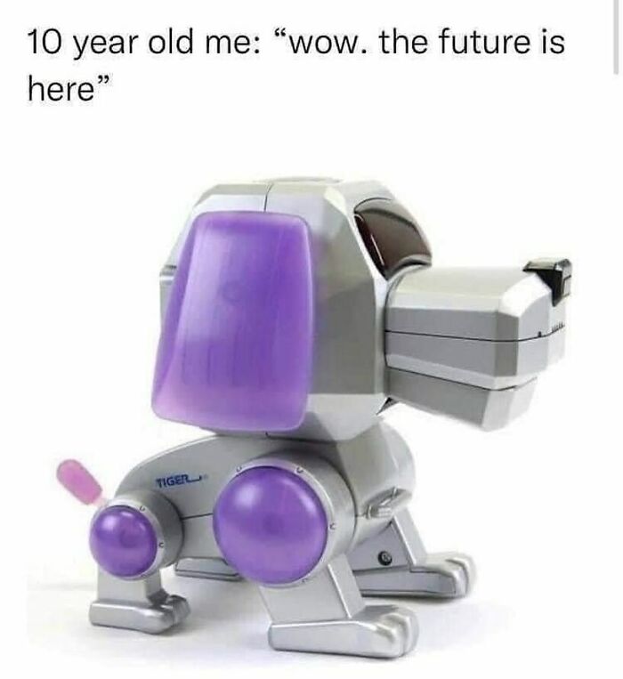 Millennial Misery meme showing a retro robotic dog, captioned with nostalgia for early futuristic tech.