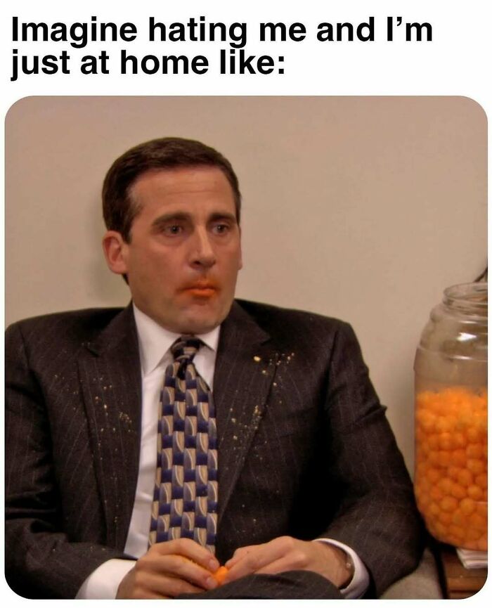 'The Office' meme with a man in a suit eating cheese puffs, with text about staying home.