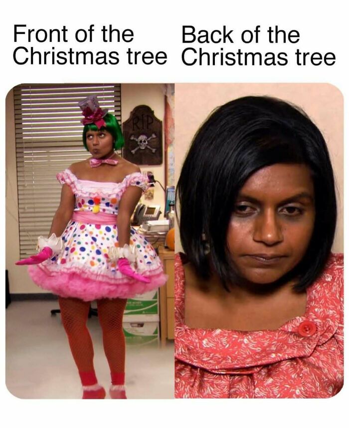Meme from The Office comparing two humorous costume looks with text about a Christmas tree.