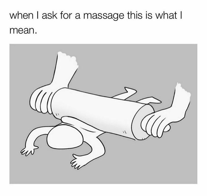 Drawing of a person being flattened by a rolling pin, humorously depicting a relatable massage experience.