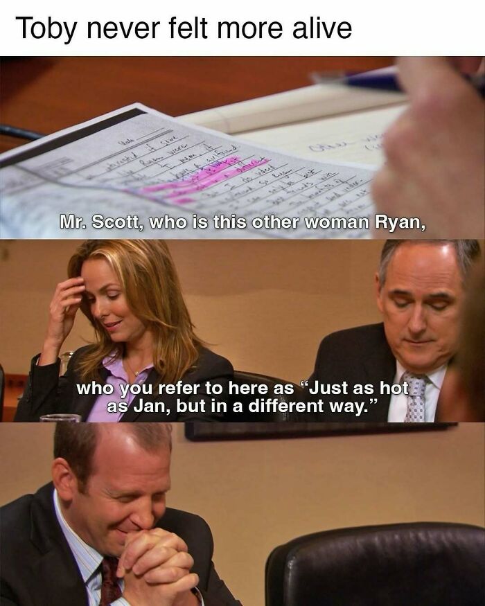 Scene from 'The Office' with Toby looking pleased, highlighting humorous office drama in a meeting setting.