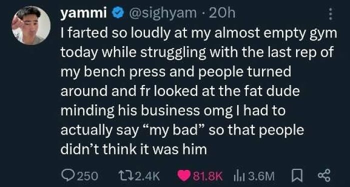 Funny meme about a gym incident with a loud fart, humorously shifting blame to someone else.