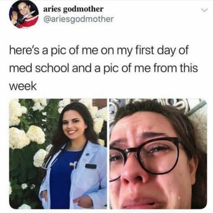 Medical school meme with a woman happy in a white coat and stressed wearing glasses, illustrating med school challenges.