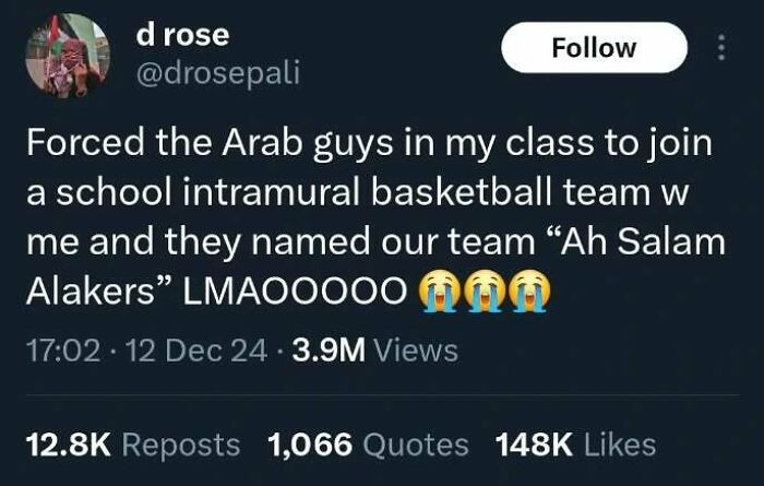Tweet about a basketball team name, bringing humor with 3.9M views.