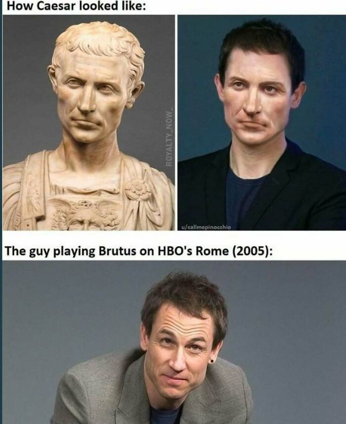 Comparison of Julius Caesar bust with actor from HBO's Rome, featuring historical memes for those who paid attention in history class.