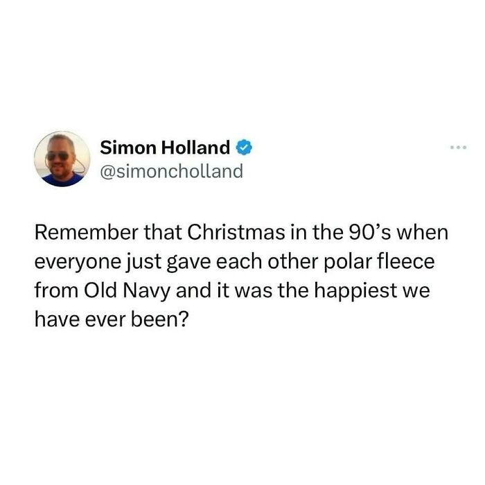 Tweet by Simon Holland reminiscing about 90s Christmas and Old Navy polar fleece happiness, capturing millennial misery humor.