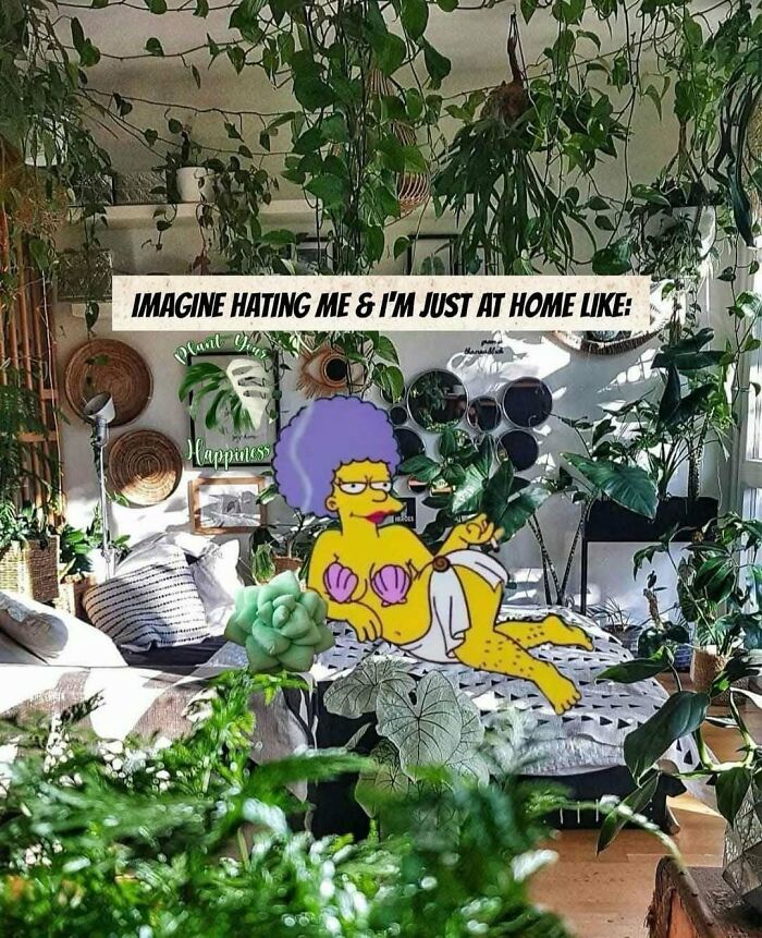 "Cartoon figure lounging with indoor plants, relatable meme for plant owners."