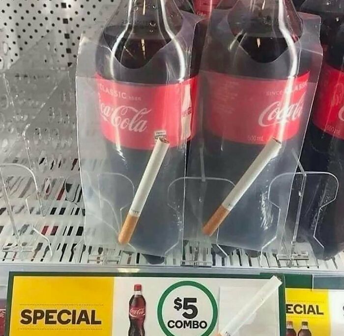 Coca-Cola bottle with a cigarette attached, labeled as a $5 combo deal.