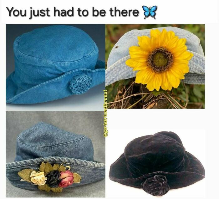 Millennial Misery meme showcasing various denim hats with humorous flower decorations.