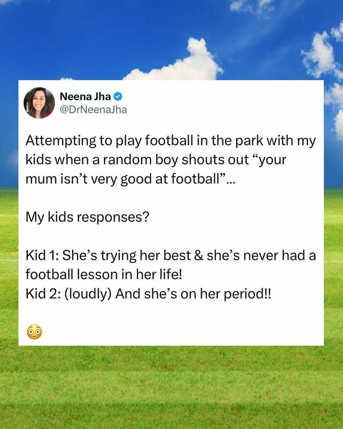 A funny tweet about a mom's football skills and her kids' responses in the park.