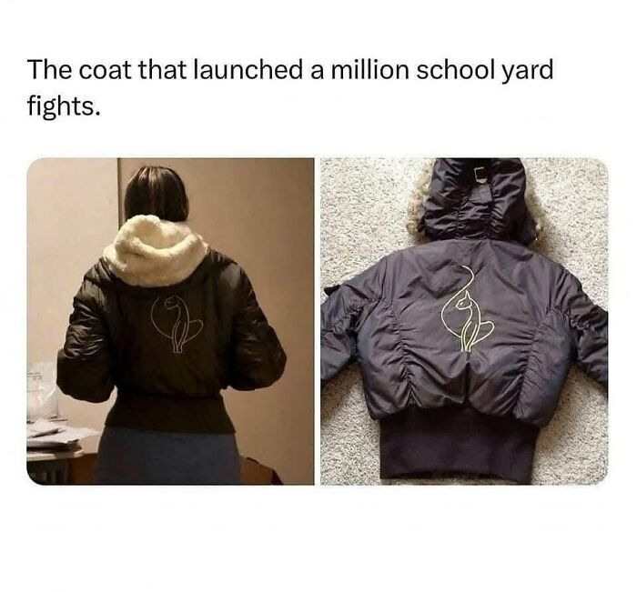 Jacket with cat design from Millennial Misery memes, both worn and on a surface, humorously captioned about schoolyard fights.