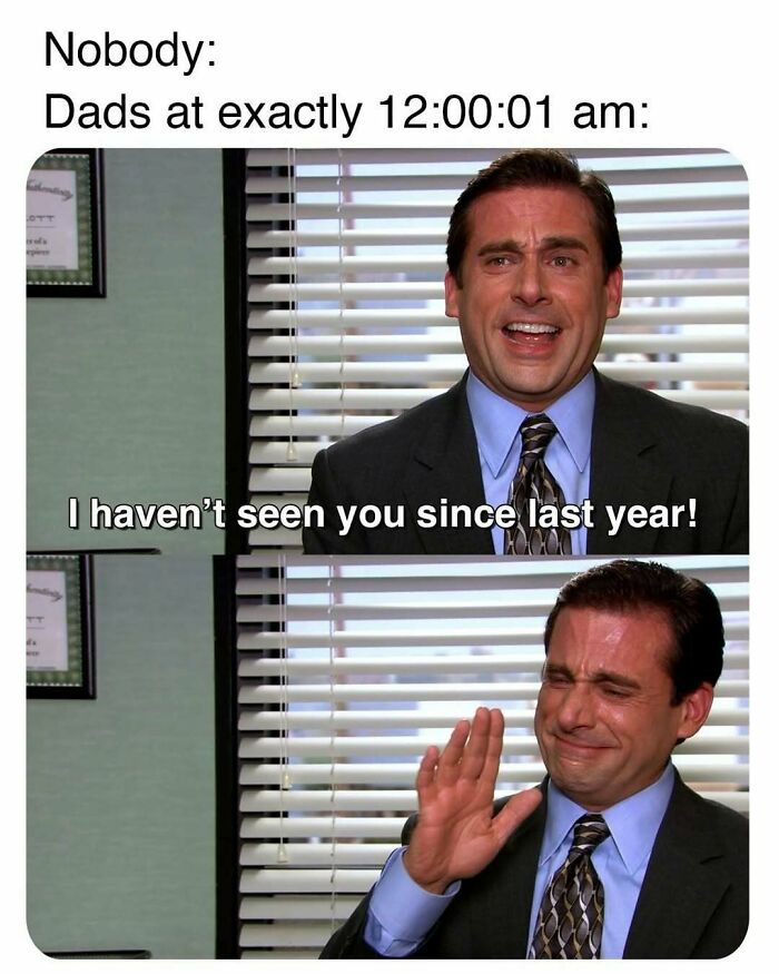 Steve Carell as Michael Scott in 'The Office,' delivering a classic New Year's dad joke with a big smile.