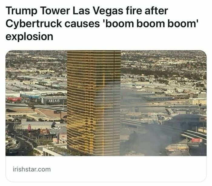 Smoke near Trump Tower Las Vegas after Cybertruck explosion, with cityscape in background.