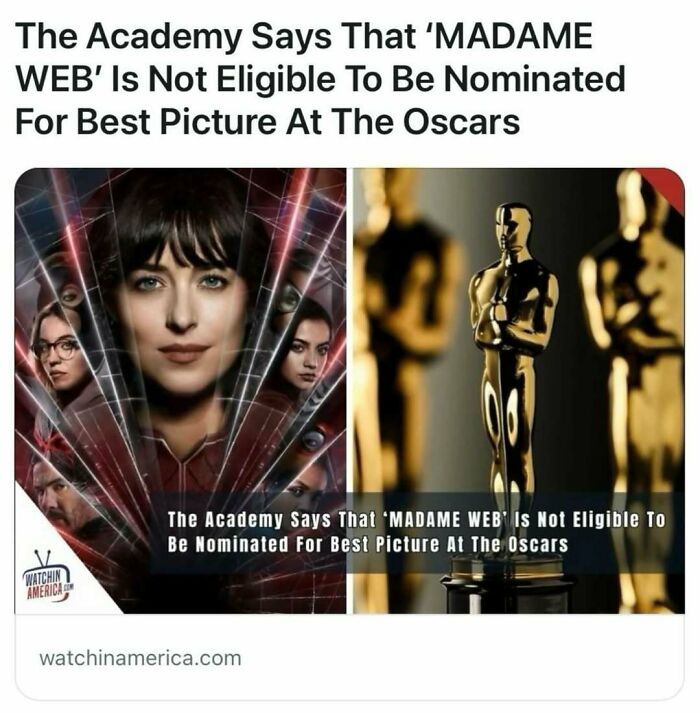 "Madame Web movie ineligible for Oscar, features woman with short hair and Oscar statues in the image."