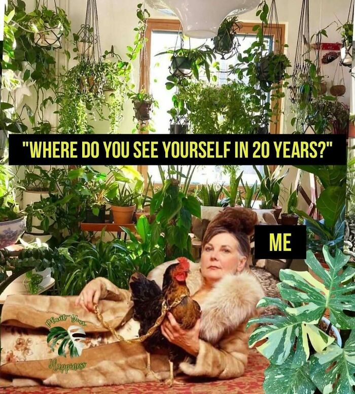 Woman surrounded by indoor plants holding a chicken, representing every plant owner's dream environment.