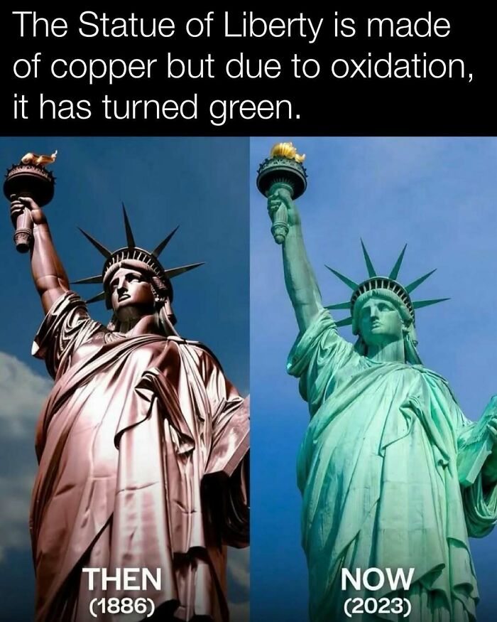 Statue of Liberty history: side-by-side images from 1886 in copper and 2023 in green due to oxidation.