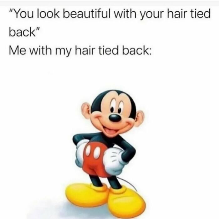 Meme showing a cartoon character with Mickey Mouse ears, humorously portraying "hair tied back."
