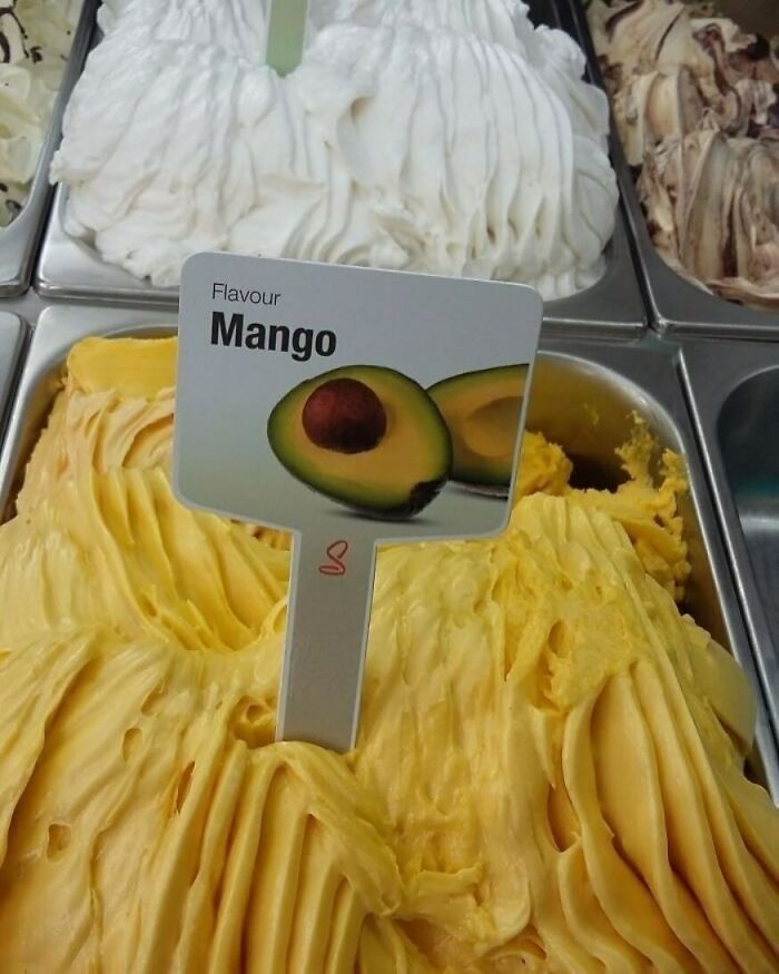 Ice cream labeled as Mango with an avocado image, showcasing a humorous mistake.