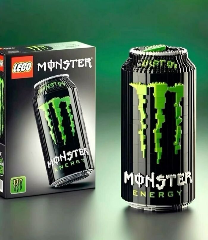 LEGO Monster Energy can replica displayed beside its box, showcasing intricate block design.