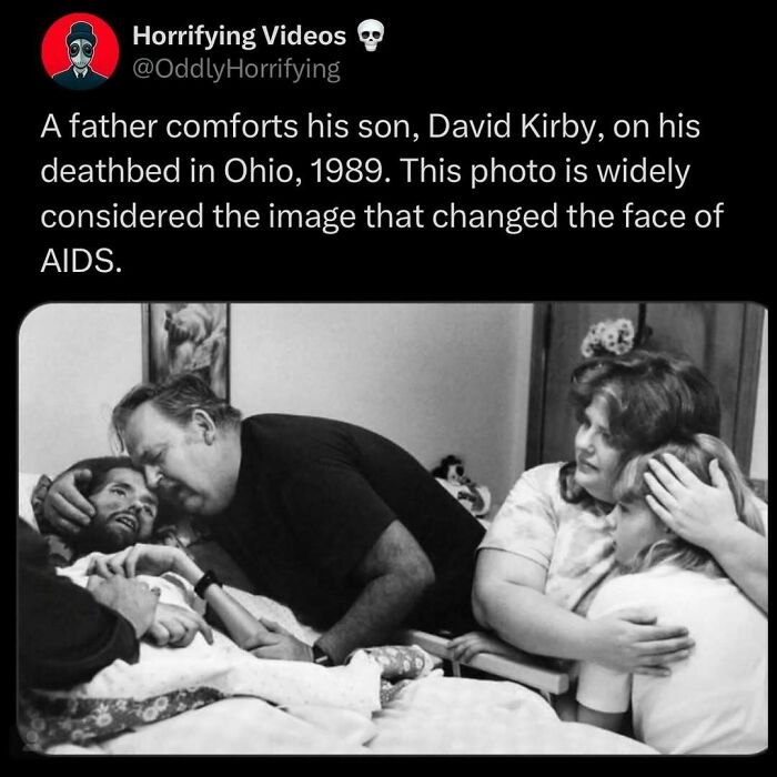 A father comforting his son on a deathbed, an unnerving image from 1989 considered pivotal in changing AIDS awareness.
