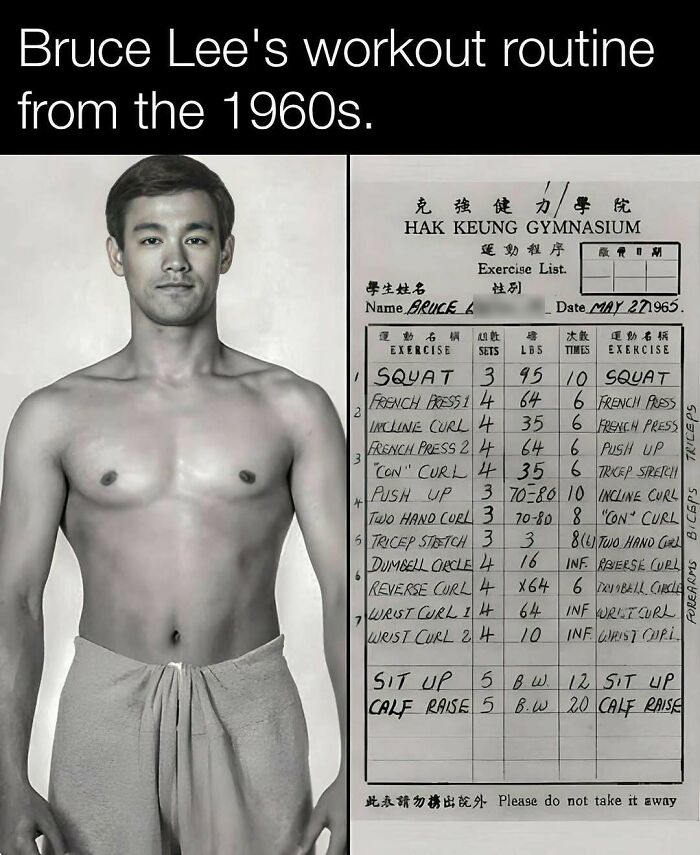 Historic gym workout routine handwritten next to a black-and-white photo of a young man in a towel.