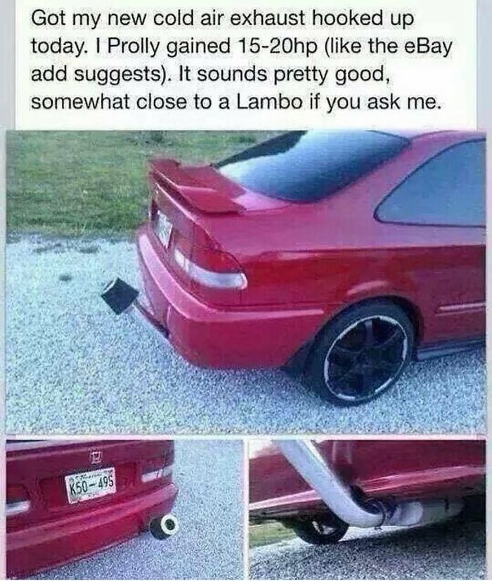 Red car with a large playful exhaust mod, showcasing humorous car meme for uplifting mood.
