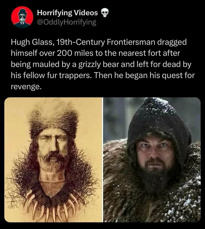 19th-century frontiersman depicted, dressed in fur, highlighting an oddly horrifying survival tale.