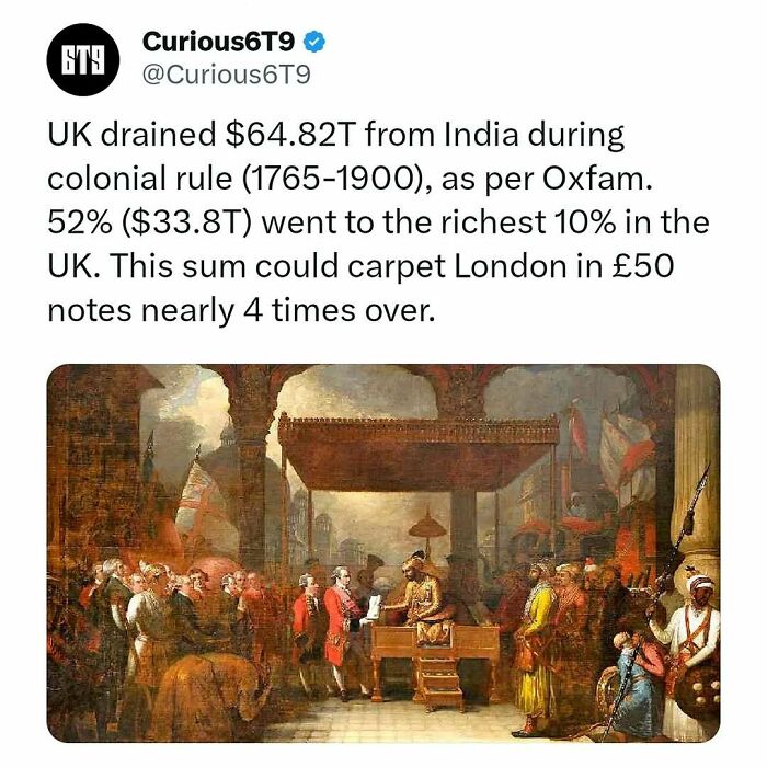 Tweet about colonial era wealth transfer from India to UK, with historical painting depicting trade scene.